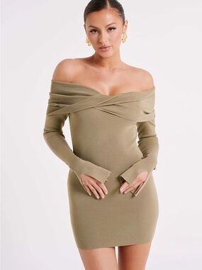 Meshki Olive Off-Shoulder Crossover Knit Mini Dress